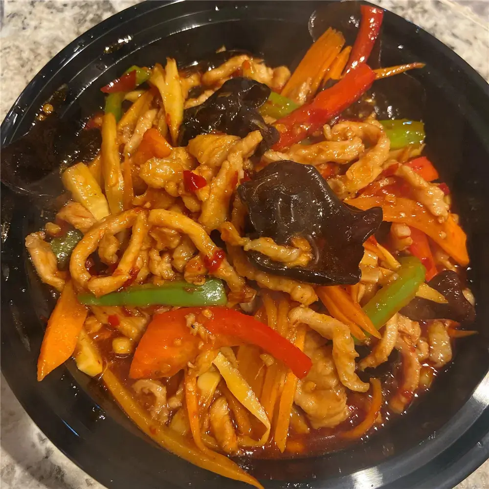 Meet-Up-Restaurant-Chinese-restaurant-Fish-Flavored-Shredded-Pork-CA Fish - Flavored Shredded Pork is tender shredded pork stir - fried with vegetables in a tangy fish - flavored sauce at Meet Up Restaurant, a Chinese restaurant in CA